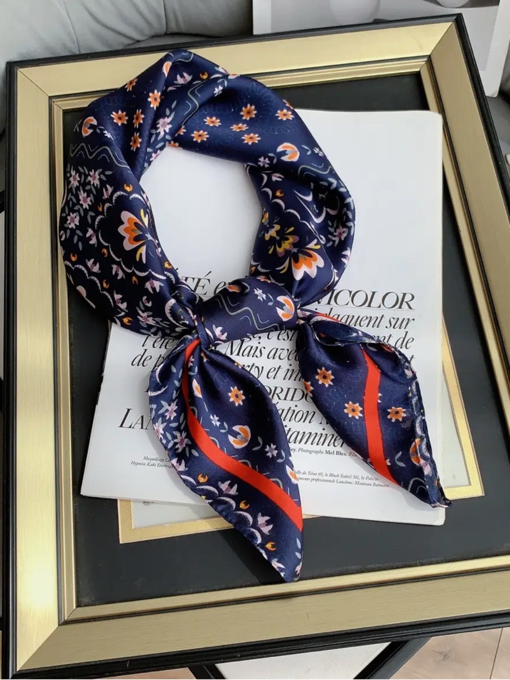 Floral Navy Silk-Look Neck Scarf - Picture 3 of 4